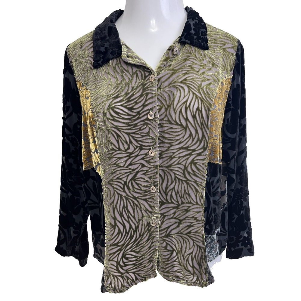 Citron Santa Monica Blouse Size S 100% Silk Velvet Burnout Vibrant Green Gold US